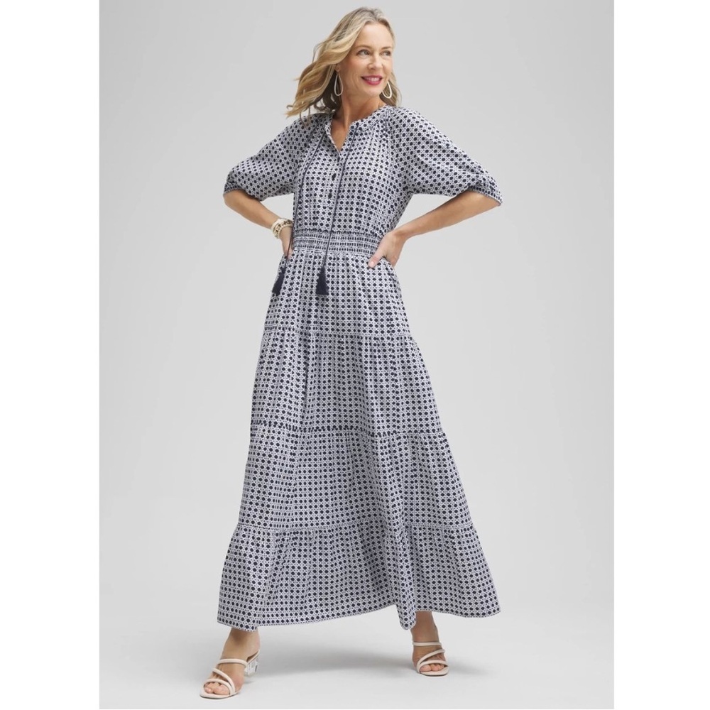 NWT Chico's Poplin Smock Waist Basketweave Maxi Dress Classic Navy 14